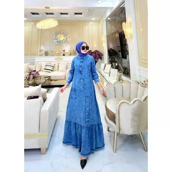 YOLAN DRESS Bahan Denim Premium Ukuran M L XL Baju Gamis Wanita Terbaru 2024 Kekinian Viral Dress Le