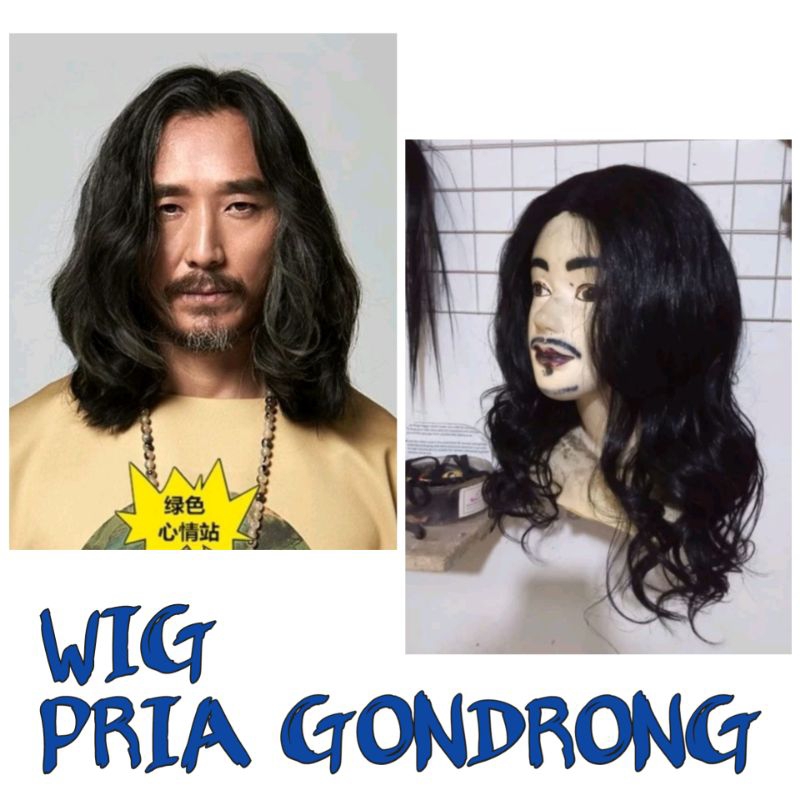 Wig Rambut Palsu Pria Rambut Panjang Ikal Bergelombang  Belahan Tengah Warna Hitam Natural