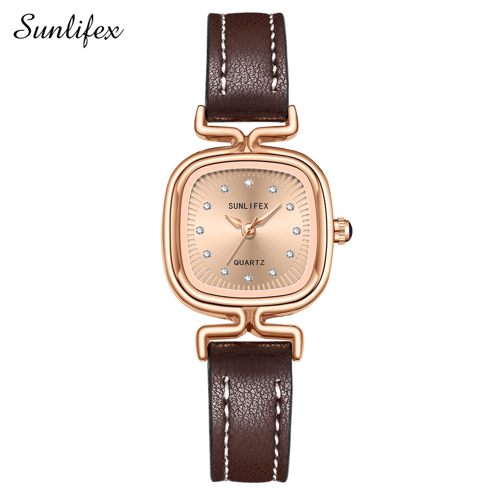 Sunlifex Jam Tangan Wanita Original Korea Retro Anggun Kuarsa Berlian Jam Tangan Cewek-CoffeeWhite