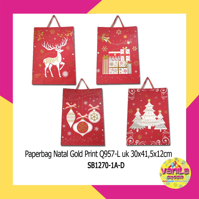 

1 PCS PAPERBAG NATAL MERAH PRINTED GOLD RUSA, LONCENG, KADO PUTIH UK 30X41,5X12CM SHOPPING BAG, TAS KADO