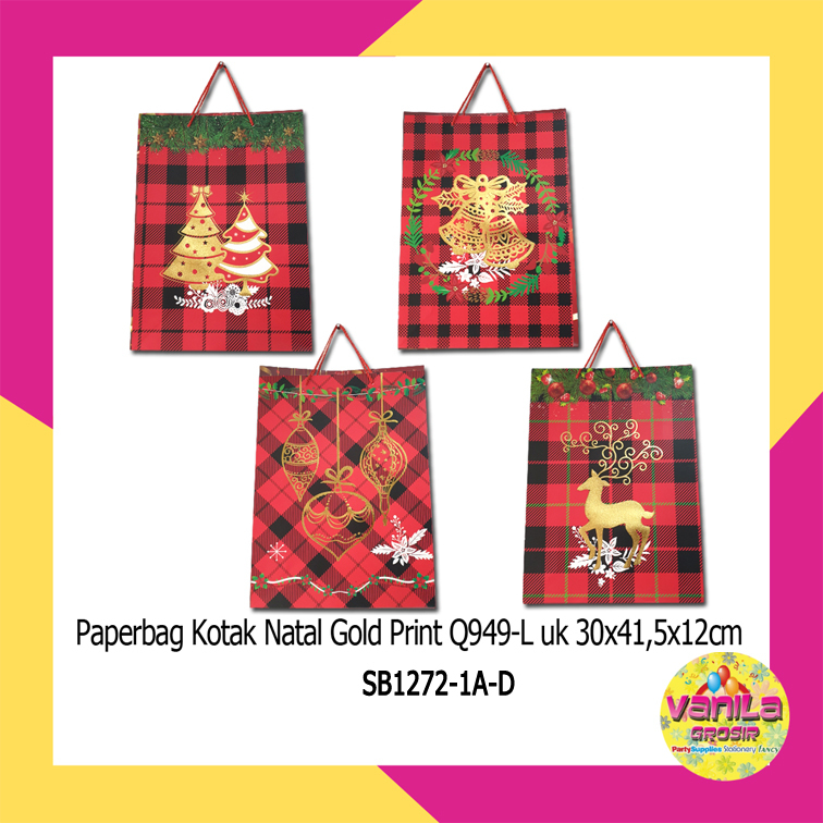 

1 PCS PAPERBAG KOTAK MERAH HITAM NATAL PRINTED GOLD UK 30X41,5X12CM, SHOPPINGBAG, TAS KADO