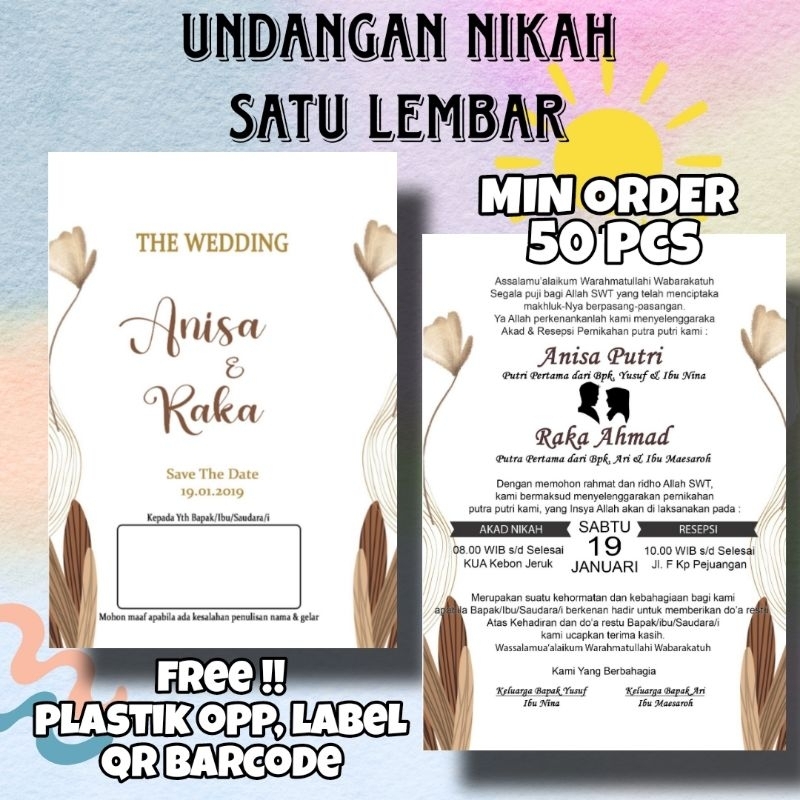 CETAK Undangan Pernikahan Hemat Simple (1 lembar bolak balik) proses cepat murah FREE PLASTIK