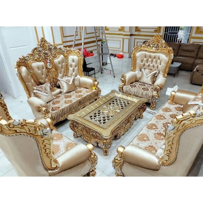 kursi tamu sofa belagio terbaru full ukir kayu jati solid Finesing glod emas mewah/kursi tamu Sultan