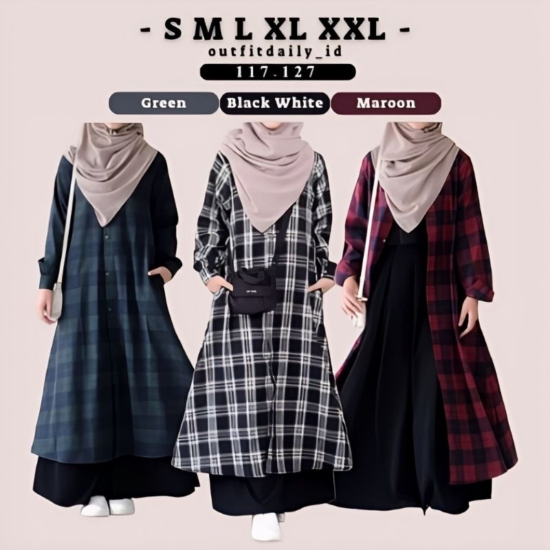 Khayla Long Tunik S M L XL XXL Jumbo - Tunik Wanita Flanel Kotak Kotak Busui Jumbo