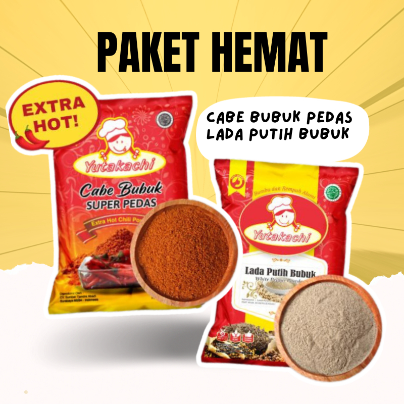 

Paket Hemat cabe bubuk super pedas ,lada putih bubuk Yutakachi kemasan 100 gram