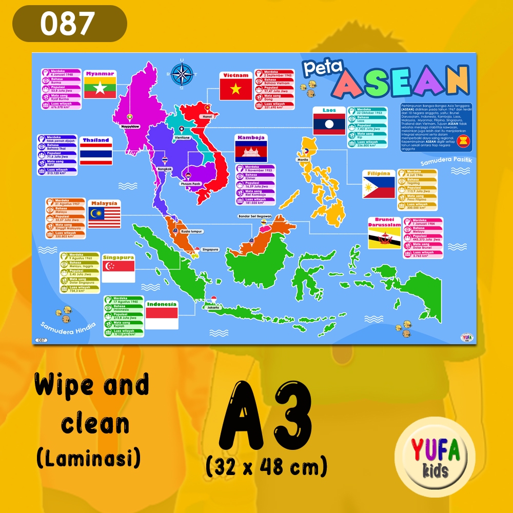 087 Poster Peta ASEAN - Poster Edukasi Anak - Poster belajar anak - Poster wipe and clean - perlengk