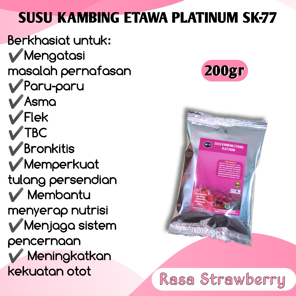 

SUSU KAMBING ETAWA BUBUK SK77 PLATINUM RASA STROBERI KEMASAN 200 GRAM