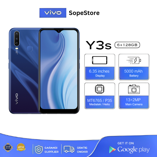 HP VIVO Y3S RAM 6GB/128GB MURAH Handphone Android Smartphone /Baterai 5000mAh/Buka kunci sidik jari