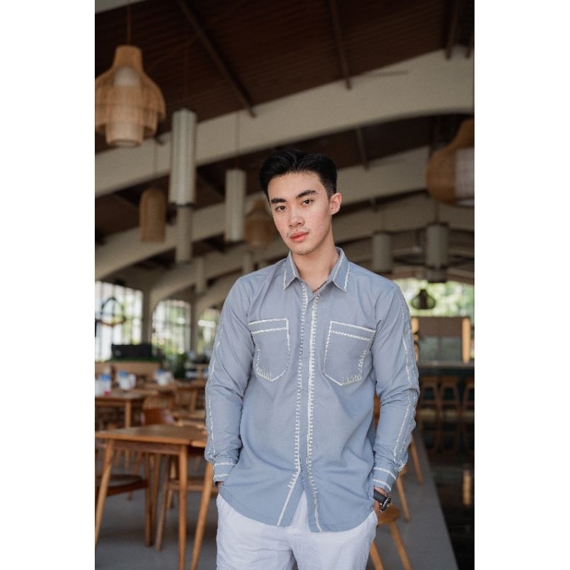 Kemeja Bordir Pria NUC.ID Jordan 04 (Biru Keabuan Telur Asin)