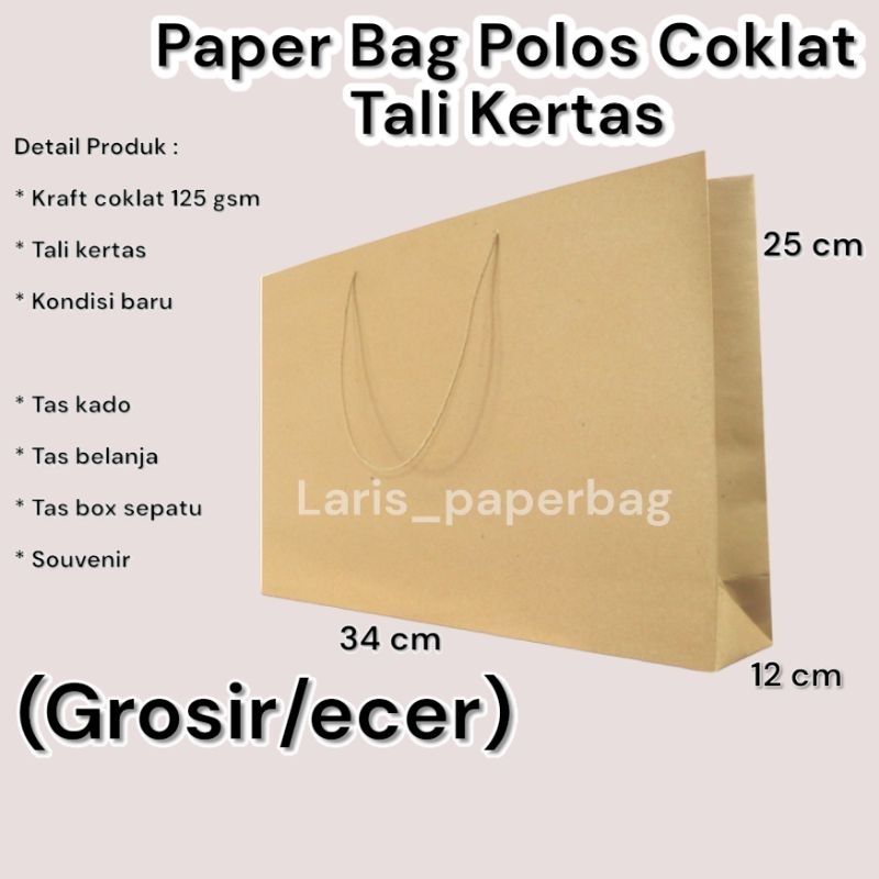 

Grosir/ecer Paperbag Polos Cokelat Landscape Besar Tali Kertas/Tali Kur Ukuran 35×13×28 cm