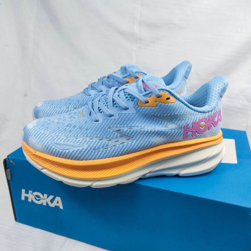 HOKA CLIFTON 9 BLUE YELLOW LOGO MAGENTA