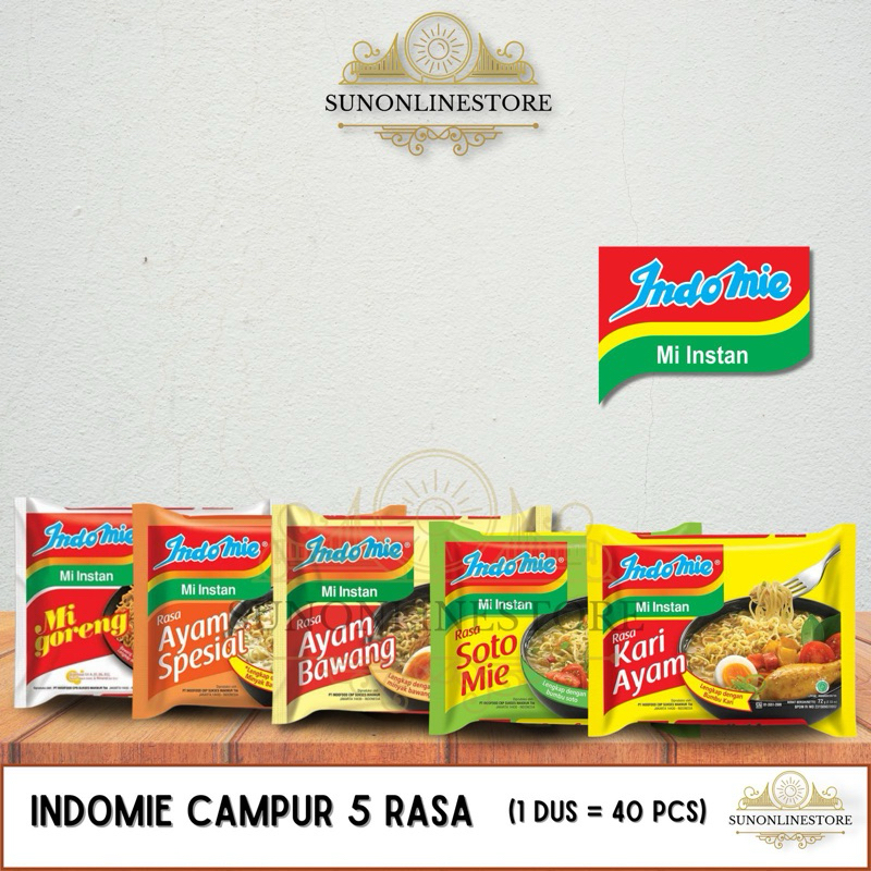 

Indomie Campur 5 Rasa 1 Dus (Isi 40) Rasa Goreng, Ayam Bawang, Ayam Spesial, Kari Ayam, Sotomie