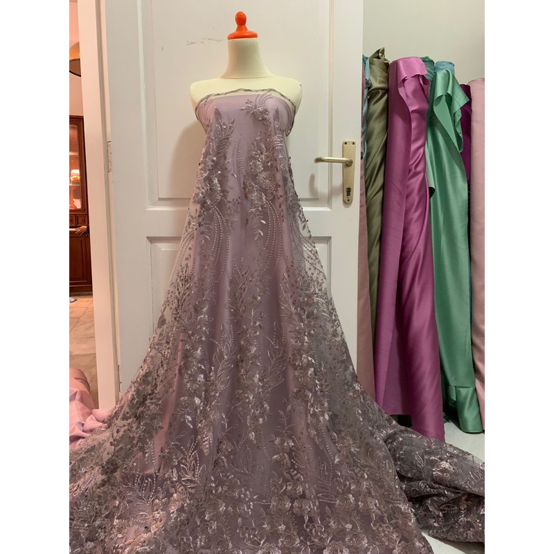 Kain Bahan Kebaya Brukat Tile Tulle Bordir Payet Victoria 1/2 Meteran Warna Ungu Taro Mauve