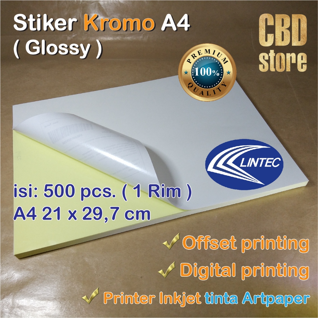 

Stiker KROMO A4 21 x 29,7cm 500 lembar ( 1 Rim ) Sticker CHROMO A4 Glossy Stiker Label Kemasan Produk merek Lintec