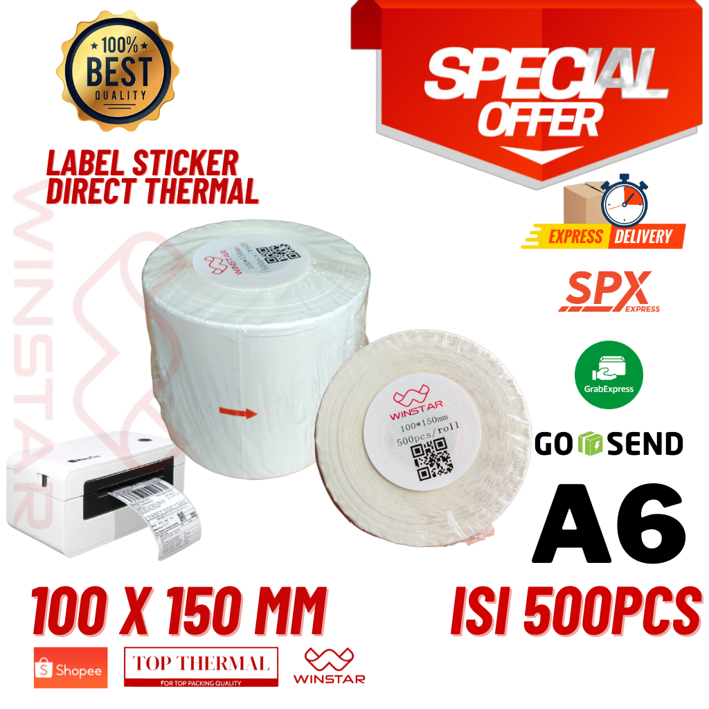 

Kertas sticker label thermal 100x150 MM isi 500 roll ukuran A6