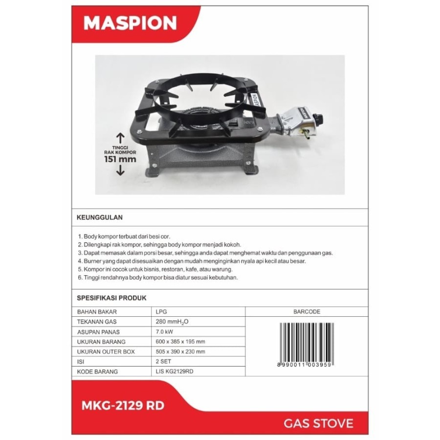 Kompor Gas Maspion MKG2129RD 4 Burner Merah untuk Rumah Tangga