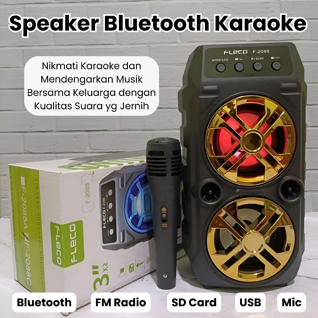 Speaker Karaoke Bluetooth Fleco F-2088 Gratis Mic Kabel | Speaker Karaoke Keluarga