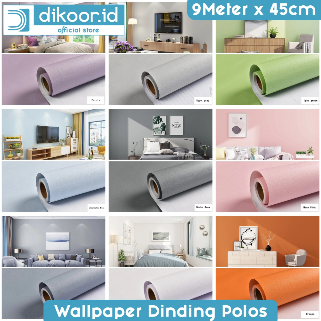 (COD) Wallpaper Stiker Dinding Motif Polos, Putih Biru Orange Pink Ungu Hijau Cyan WallSticker plain