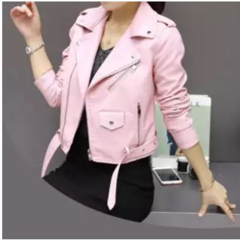 Jaket Kulit Wanita Sintetis Crop Pink