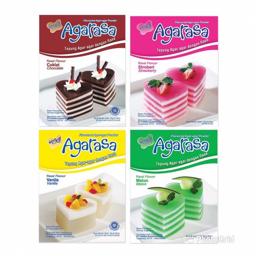 

Agarasa coklat 20g / agarasa melon 10g / agarasa strawberry 10g / agarasa vanilla 10g / agarasa sachet