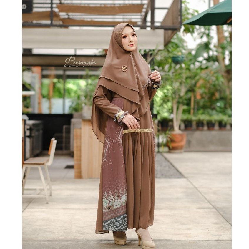 Gamis ceruty babydoll set Khimar Kanaya bermerks Zemima Salma Alesa Permata motif printing Salur Ber