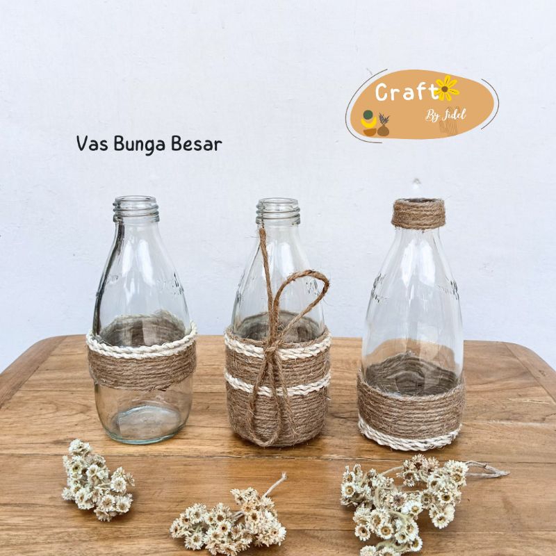 Vas Botol Kaca Tali Rami Besar & Bunga Kering/ Botol Kaca Dekorasi Aesthetic ukuran 250ml