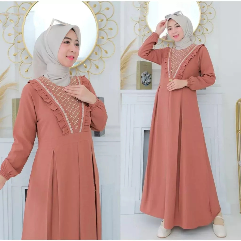 Sella Dress Crinkle Airflow Mix Brokat Kekinian // Gamis Crinkle Dewasa Model Baru // Gamis Lebaran