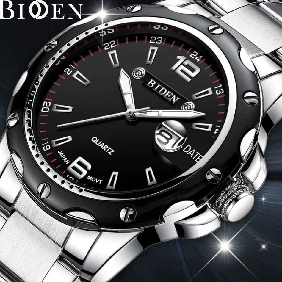 Hot Sale BIDEN Jam Tangan Pria Olahraga Kuarsa Otomatis Date Tali Stainless Steel Kasual Pria Jam Ta