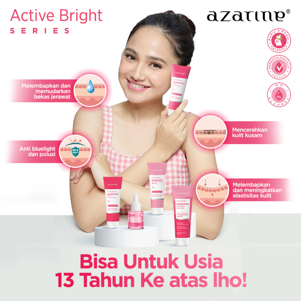 AZARINE Active Bright Series || Brightening Day &amp; Night Moisturiser 20gr || Creamy Facial Foam 50gr || Radiant Luminous Serum