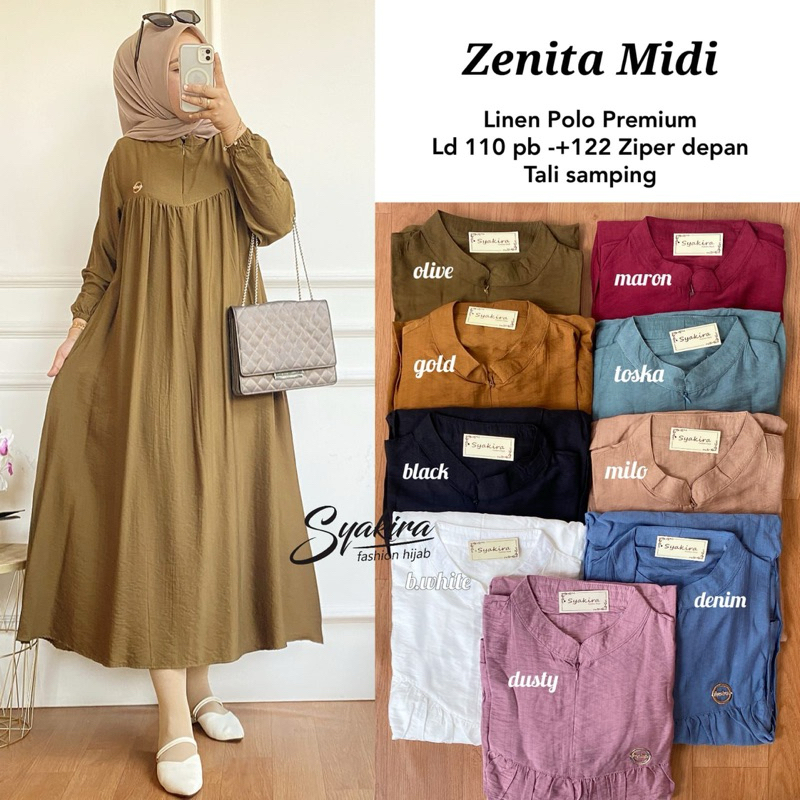 Zenita Midi Gamis Wanita Bahan Polo Linen Busui | Gamis Polos Syakira