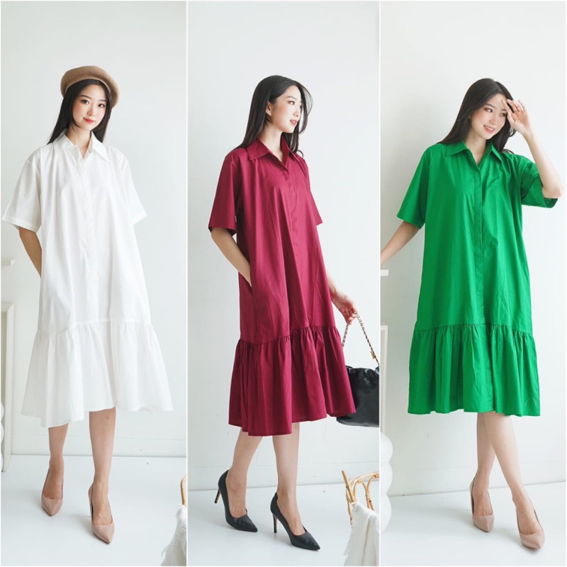 Foria 2170 dress terusan wanita kemeja katun kancing depan merah putih hijau natal