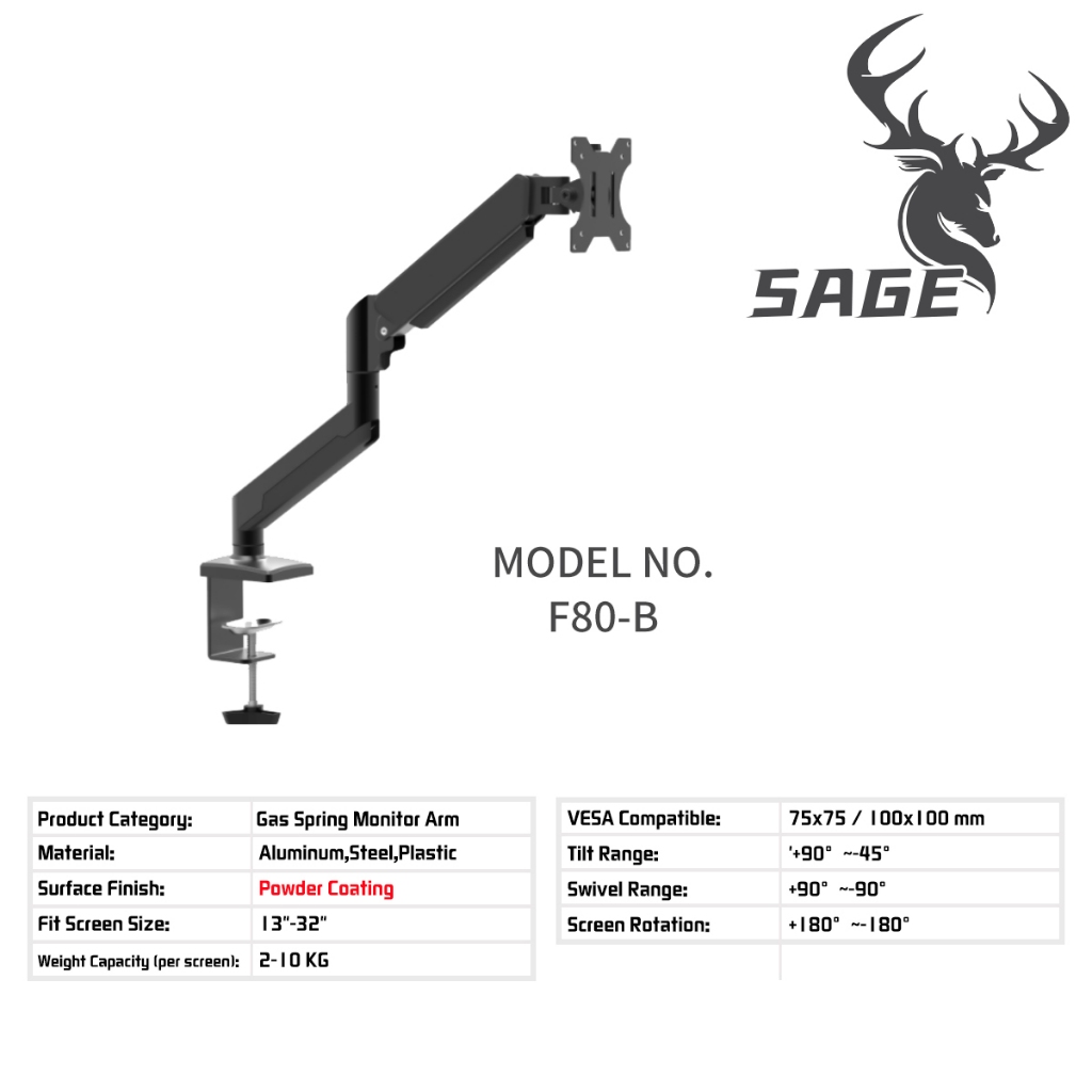 SAGE F80 Bracket breket TV Monitor LED LCD Gas Spring ARM Tilt Swivel F 80 19'' - 34'' inch ORIGINAL