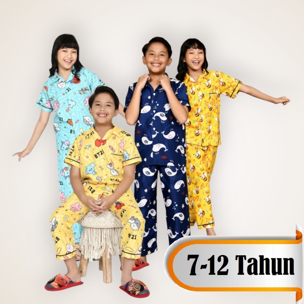 Setelan Baju Tidur Piyama Anak Laki/Perempuan Lengan Pendek Celana Panjang Usia 7-12 Tahun