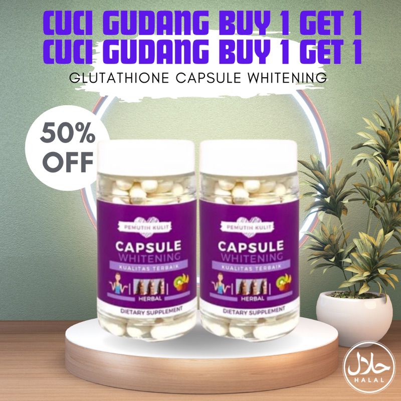 (  BIG PROMO BELI 1 GRATIS 1 ) KAPSUL WHITENING PEMUTIH BADAN ISI 60 CAPSULE BOTOL UNGU