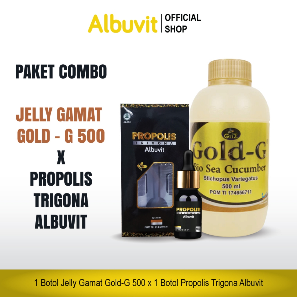 Paket Bundle Combo - Jelly Jely Gamat Gold G Gold-G 500 ml & Propolis Trigona Albuvit 10 ml Bantu At