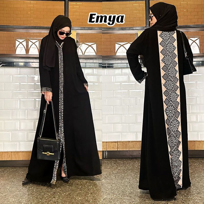 Abayah Gamis Hitam Maxy Dress Brokat Silky Fashion Muslim Wanita Dewasa Dubai Jalabyah Emya