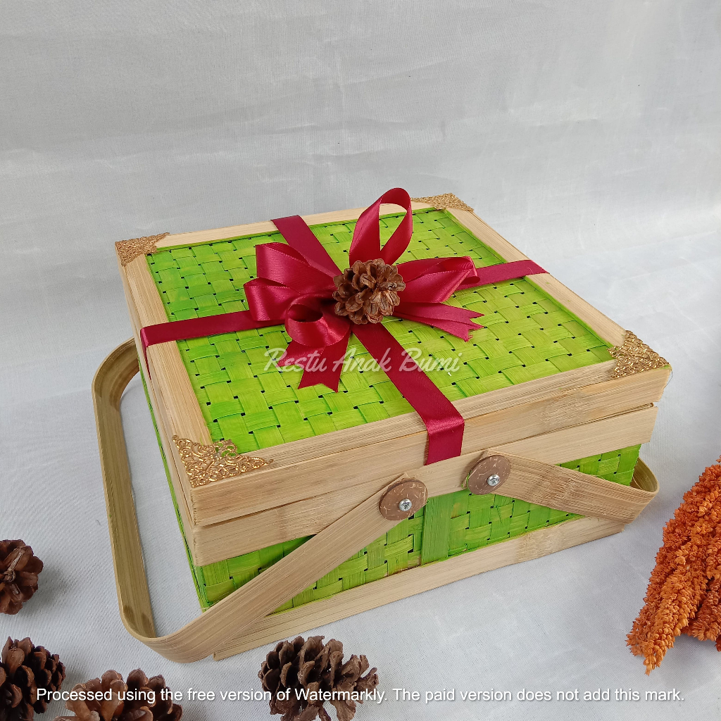 Rantang Hijau Pita Ukiran Emas 20cm dan 25cm| rantang kotak anyaman bambu | wadah hampers kotak bamb