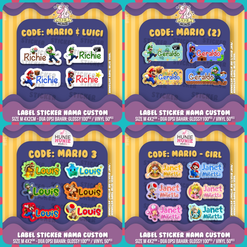 

Sticker Label Nama Custom - Super Mario Luigi Bowser Donkey Kong Wonder (100pcs+) Stiker Name