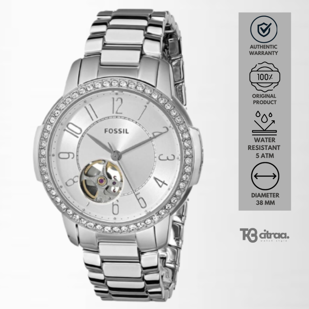 jam tangan fashion wanita fossil Architect automatic analog strap rantai stanless steel water resistant luxury watch silver mewah elegant original ME3057