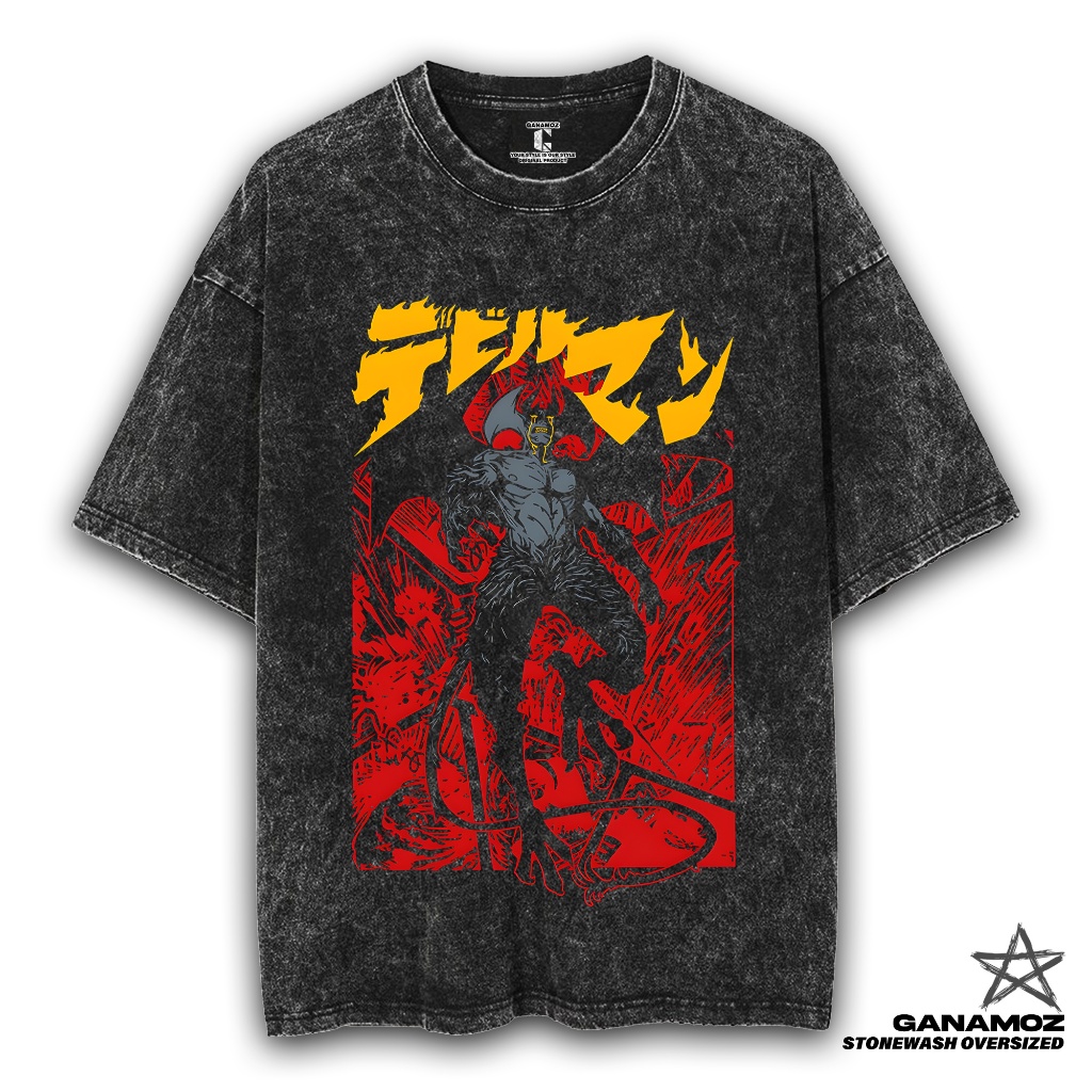 GANAMOZ Kaos Anime Devilman Crybaby THE DEVIL Stone Wash Oversize Unisex T-shirt | Kaos Oversize Wan