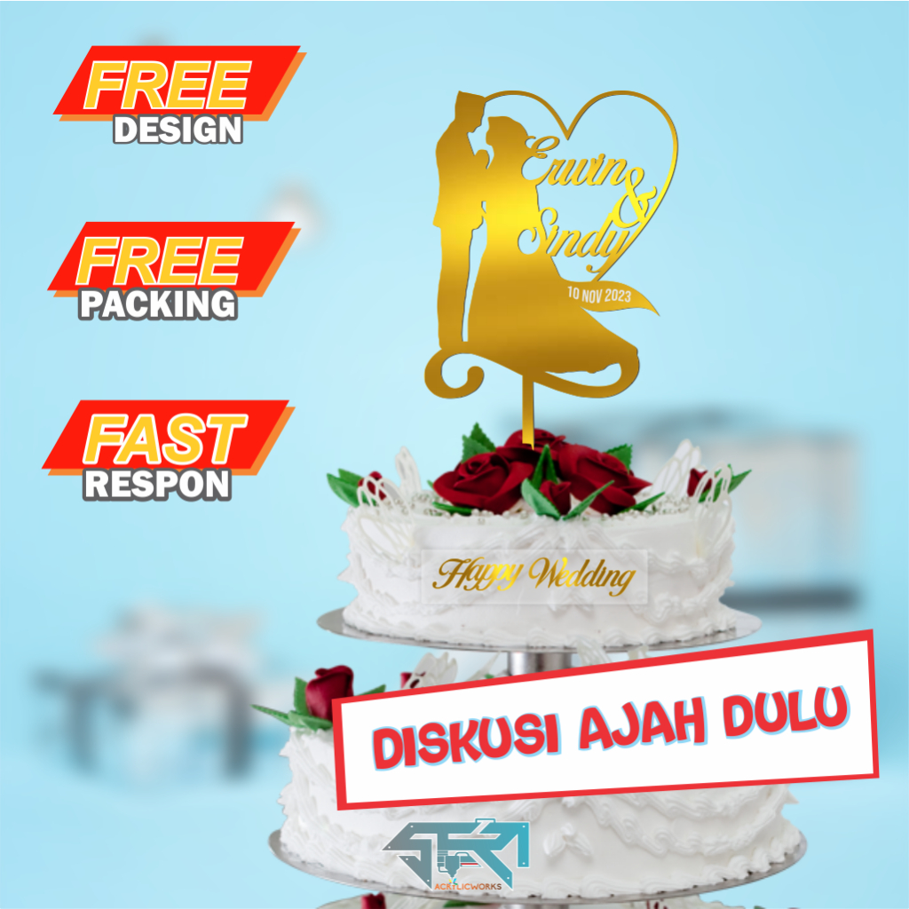 TOPPER WEDDING CAKE GOLD MIROR  | HIASAN KUE PERNIKAHAN AKRILIK | TOPPER CAKE CUSTOM | TULISAN WEDDI