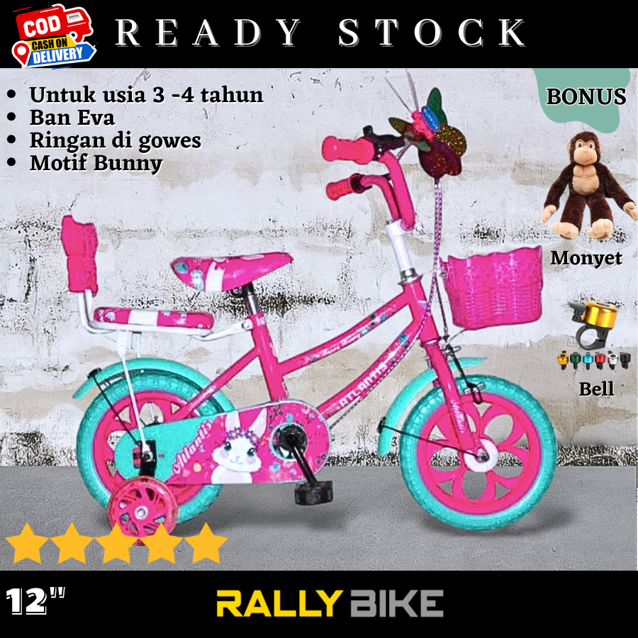 Sepeda sepedah anak cewek perempuan roda empat ukuran 12" inc untuk usia 3th sampai 4 th tahun warna
