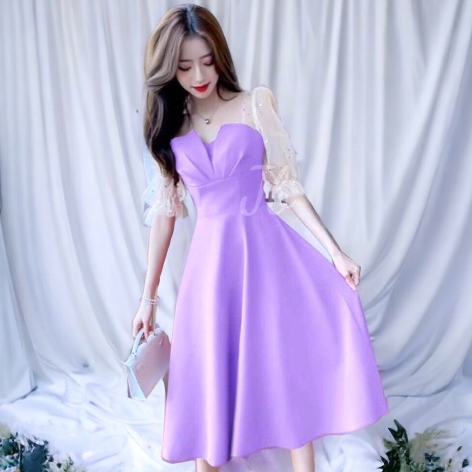 VIRAL ✅ Midi Dress Korea Kondangan Wedding Dress Korean Style Dres Brukat Lengan 3/4 7/8 Baju Pesta 