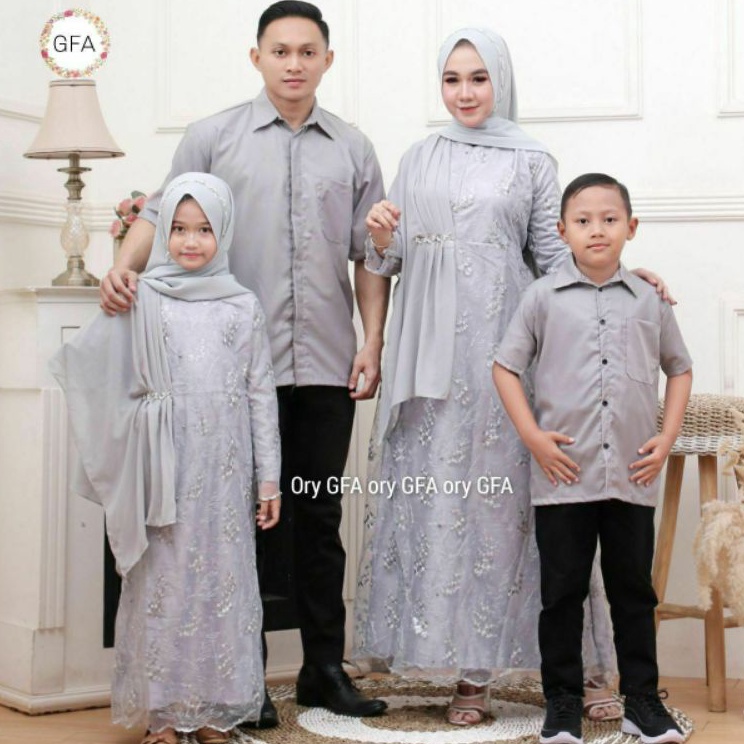 Koleksi Baju Pasangan Keluarga ibu bapak anak cowok anak cewek modren warna abu grey model gamis selendang| BAJU BATIK COUPLE KEBAYA KELUARGA | SARIMBIT BATIK KELUARGA PESTA | SERAGAM ㊞