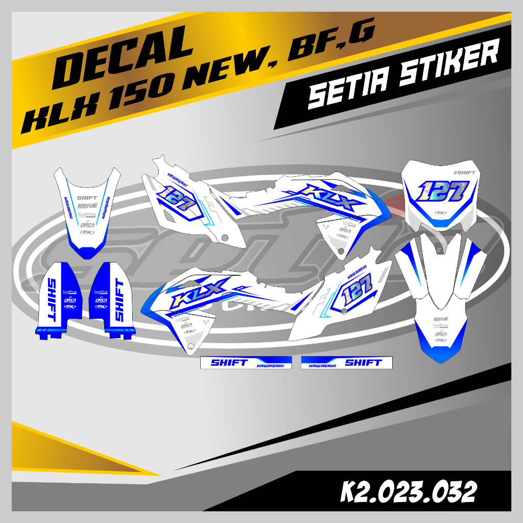 DECAL KLX BF 150 NEW, G, SE, PUTIH BIRU, SUPERMOTO, TRAIL, DESAIN BEBAS CUSTOM BARU (K2.023.032)