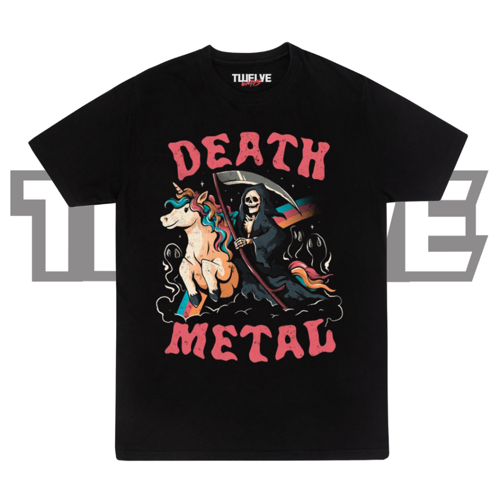DEATH METAL Grim Unicorn Black Reguler T-Shirt | Atasan Pria Wanita | Kaos Musik Cewe Cowo Unisex