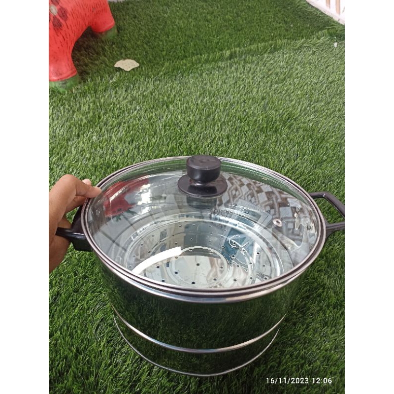 Panci kukus stainless tutup kaca diameter 18 cm