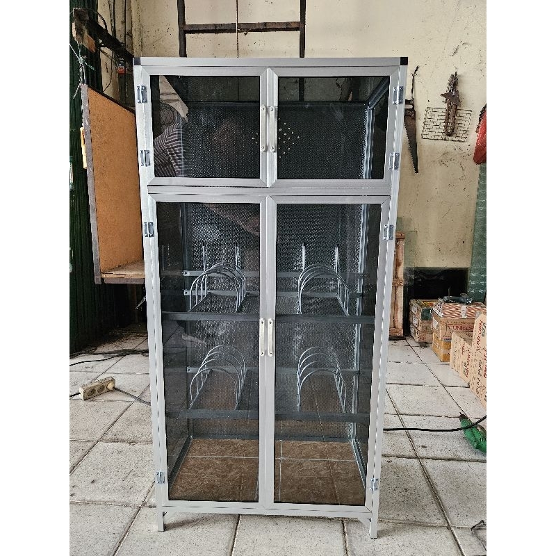 rak lemari piring aluminium kaca minimalis