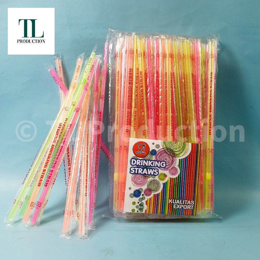 100pcs Sedotan Tekuk Plastik Steril Neon 6mm x 24cm / Sedotan Tekuk Bungkus Plastik Plastic Wrap - S