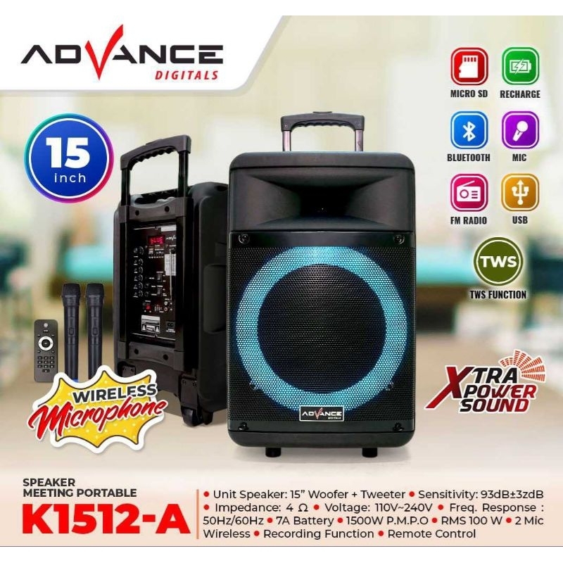Speaker Portable Bluetooth Advance K1512-A 15inch/Speaker Portable Advance K1512A Garansi Resmi